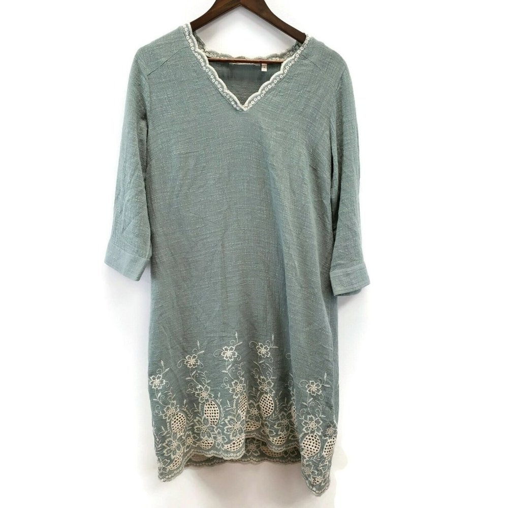Soft Surroundings Sage Green Embroidered V-Neck Tunic Dress